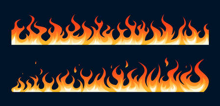 Flame borders set with horizontal seamless fire designs. Vector illustration isolated on a white background in cartoon style.のイラスト素材