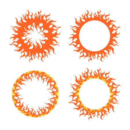 Flame circles set. Round fire frames for designs. Vector illustration isolated on a white background in cartoon style.のイラスト素材