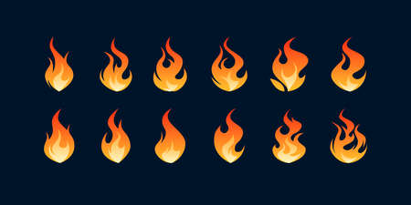 Flame icons set. Simple vector illustration in flat style on a black background. Fire animation concept.のイラスト素材
