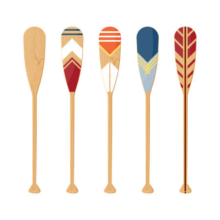 Oars set isolated on a white background. Painted canoe paddles in flat style, vector illustration.のイラスト素材