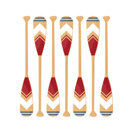 Oars set isolated on a white background. Painted colorful canoe paddles in flat style, vector...