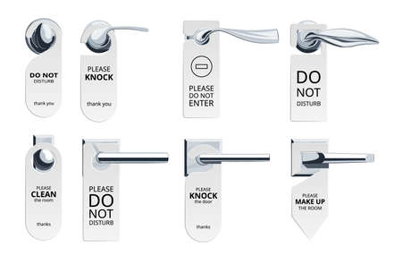 Door hanger tags set with simple text in flat style. Signs for hotel and motel rooms. Vector illustration isolated on a white background.のイラスト素材