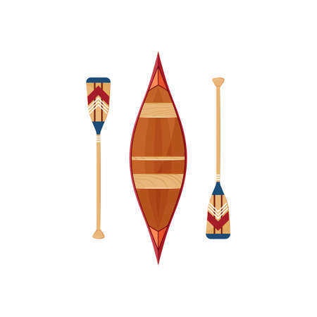 Canoe icon with decorative square shaped paddles isolated on a white background. Vector illustration in flat style.のイラスト素材