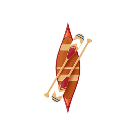 Canoe icon with decorative beavertail paddles isolated on a white background. Vector illustration in flat style.のイラスト素材