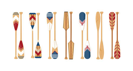 Oars set isolated on a white background. Painted colorful canoe paddles in flat style, vector illustration.のイラスト素材