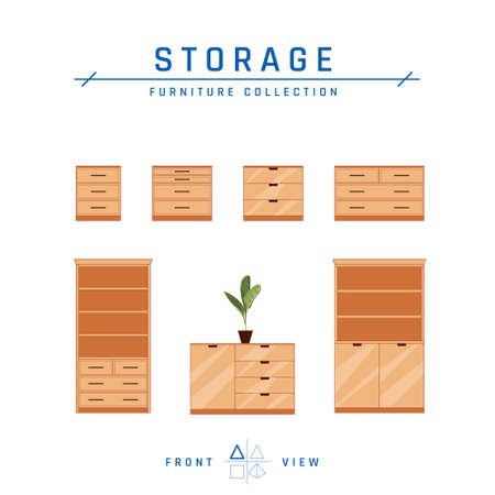 Cupboards and storage furniture. Set of wooden household modern closets for bedroom or living room isolated on a white background. Vector illustration in flat style.のイラスト素材
