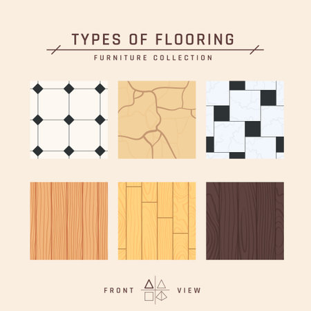 Types of flooring. Set of wooden parquet samples and floor tiles. Vector illustration in flat style.のイラスト素材