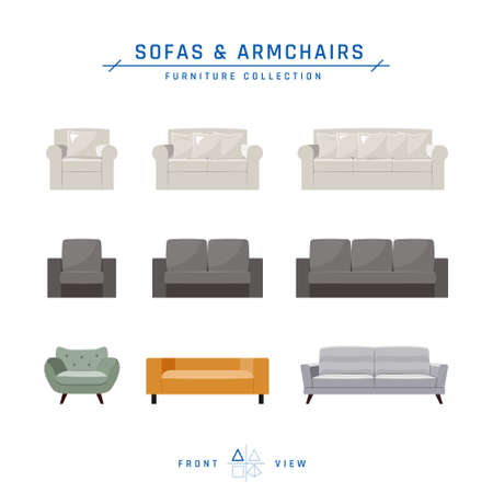 Sofas and armchairs set. Vector furniture for a living room isolated on a white background. Vector illustration in flat style.のイラスト素材