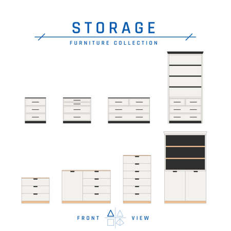 Cupboards and storage furniture. Set of white household modern closets for bedroom or living room isolated on a white background. Vector illustration in flat style.のイラスト素材