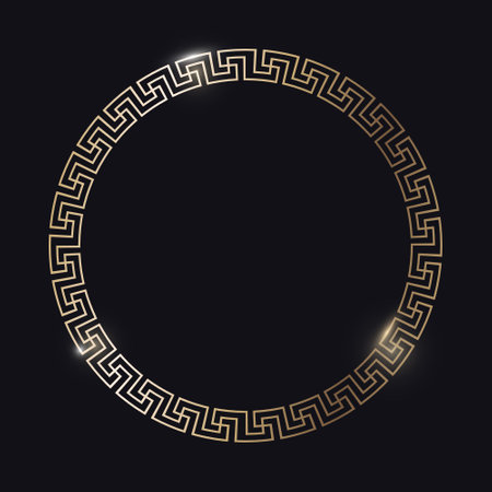 Greek gold frame. Circle meander border from a repeated motif - Greek fret or key design. Vector illustration on a black background.のイラスト素材