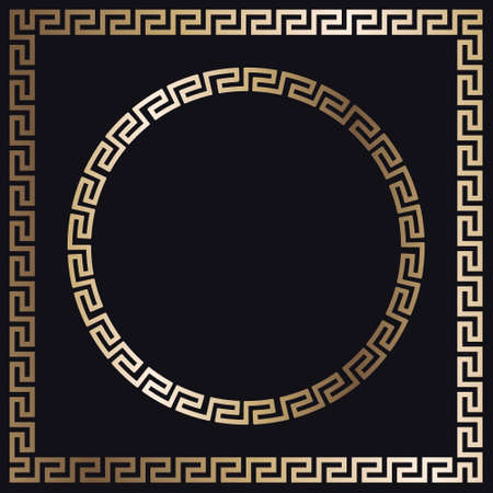 Greek gold frames. Square and circle meander border from a repeated motif - Greek fret or key design. Vector illustration on a black background.のイラスト素材