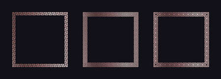 Greek gold frames. Square meander borders from a repeated motif - Greek fret or key design. Vector illustration on a black background.のイラスト素材