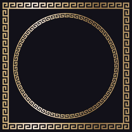 Greek gold frames. Square and circle meander border from a repeated motif - Greek fret or key design. Vector illustration on a black background.のイラスト素材