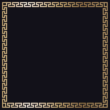 Greek gold frame. Square meander border from a repeated motif - Greek fret or key design. Vector illustration on a black background.のイラスト素材
