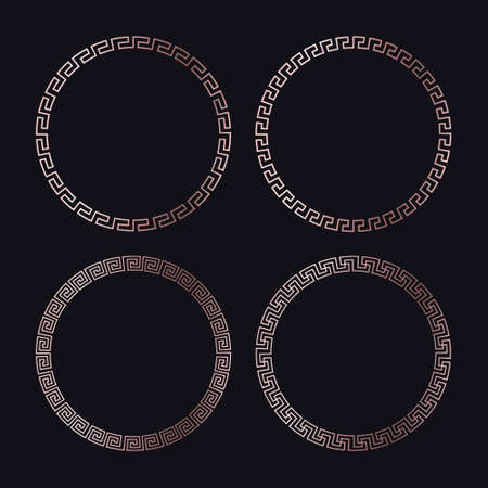 Greek gold frames. Set of circle meander borders from a repeated motif - Greek fret or key design. Vector illustration on a black background.のイラスト素材