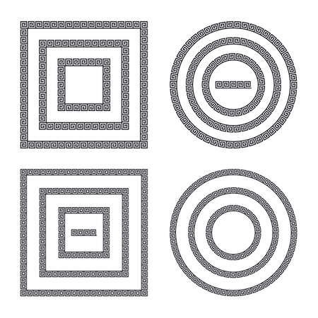 Greek frames. Square and circle meander borders from a repeated motif - Greek fret or key design. Vector illustration on a white background.のイラスト素材