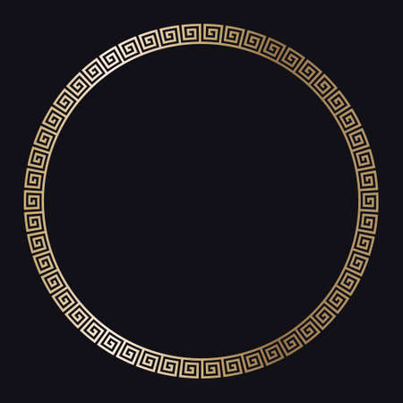 Greek gold frame. Circle meander border from a repeated motif - Greek fret or key design. Vector illustration on a black background.のイラスト素材