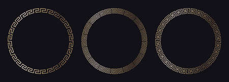 Greek gold frames. Set of circle meander borders from a repeated motif - Greek fret or key design. Vector illustration on a black background.のイラスト素材