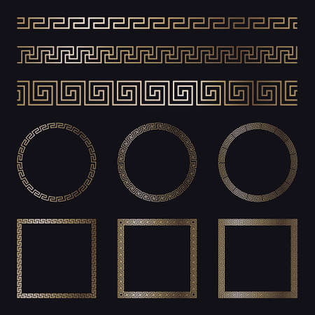 Greek gold frames and patterns. Set of circle and square meander borders from a repeated motif - Greek fret or key design. Vector illustration on a black background.のイラスト素材