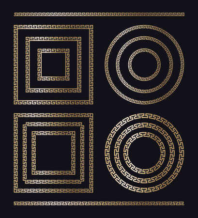 Greek gold frame. Set of circle and square meander borders from a repeated motif - Greek fret or key design. Vector illustration on a black background.のイラスト素材