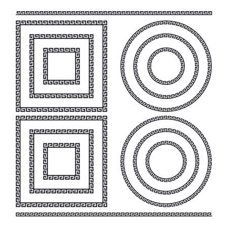 Greek frames. Square and circle meander borders from a repeated motif - Greek fret or key design. Vector illustration on a white background.のイラスト素材