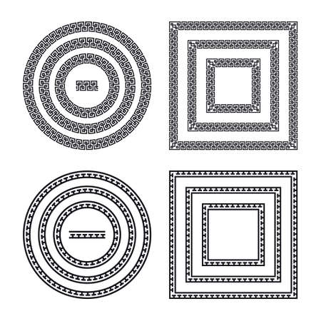 Greek frames. Square and circle meander borders from a repeated motif - Greek fret or key design. Vector illustration on a white background.のイラスト素材