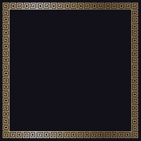 Greek gold frame. Square meander border from a repeated motif - Greek fret or key design. Vector illustration on a black background.のイラスト素材