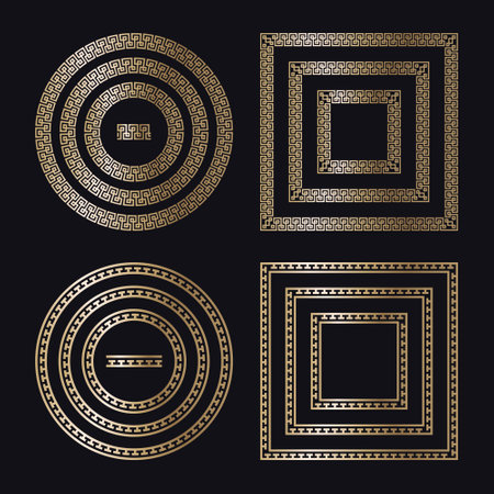 Greek gold frames. Set of circle and square meander borders from a repeated motif - Greek fret or key design. Vector illustration on a black background.のイラスト素材
