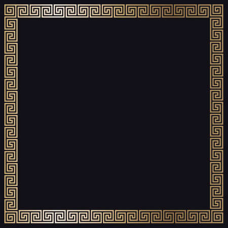 Greek gold frame. Square meander border from a repeated motif - Greek fret or key design. Vector illustration on a black background.のイラスト素材