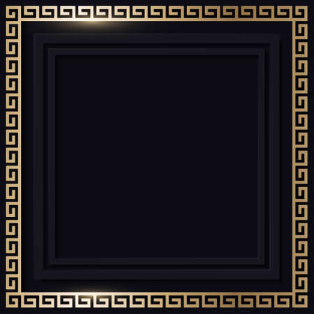 Greek gold frame. Square meander border from a repeated motif - Greek fret or key design. Vector illustration on a black background.のイラスト素材