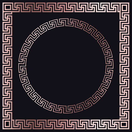 Greek gold frames. Square and circle meander border from a repeated motif - Greek fret or key design. Vector illustration on a black background.のイラスト素材
