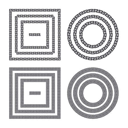 Greek frames. Square and circle meander borders from a repeated motif - Greek fret or key design. Vector illustration on a white background.のイラスト素材