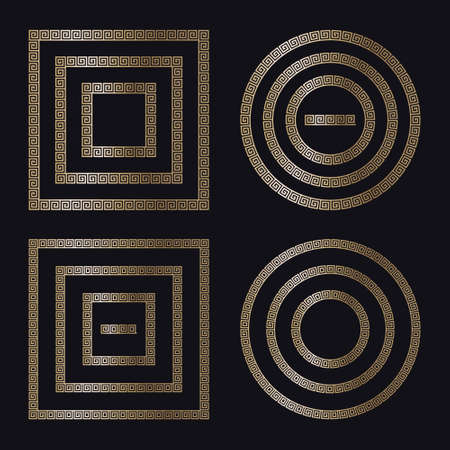 Greek gold frames. Set of circle and square meander borders from a repeated motif - Greek fret or key design. Vector illustration on a black background.のイラスト素材