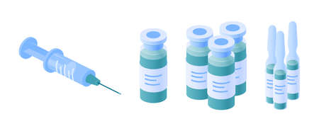 Vaccination icons. Syringe and bottles of vaccine, vector illustration in isometric view on a white backgroundのイラスト素材