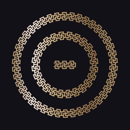 Greek gold frames. Circle meander borders from a repeated motif - Greek fret or key design. Vector illustration on a black background.のイラスト素材