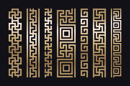 Greek borders, golden seamless meander from a repeated motif - Greek fret or key design. Vector illustration on a black background.のイラスト素材