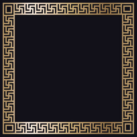 Greek gold frame. Square meander border from a repeated motif - Greek fret or key design. Vector illustration on a black background.のイラスト素材