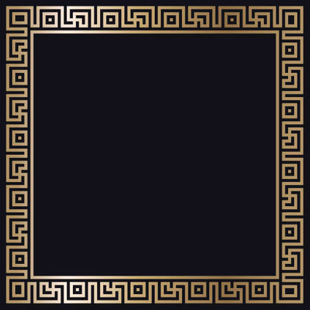 Greek gold frame. Square meander border from a repeated motif - Greek fret or key design. Vector illustration on a black background.のイラスト素材