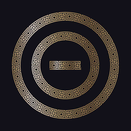 Greek gold frames. Circle meander borders from a repeated motif - Greek fret or key design. Vector illustration on a black background.のイラスト素材