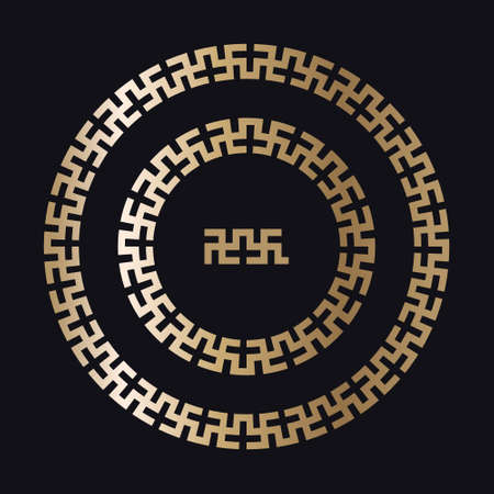 Greek gold frames. Circle meander borders from a repeated motif - Greek fret or key design. Vector illustration on a black background.のイラスト素材