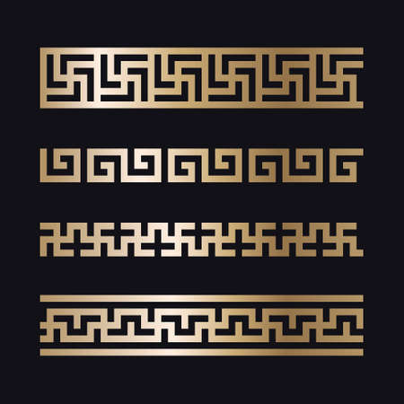 Greek borders, golden seamless meander from a repeated motif - Greek fret or key design. Vector illustration on a black background.のイラスト素材