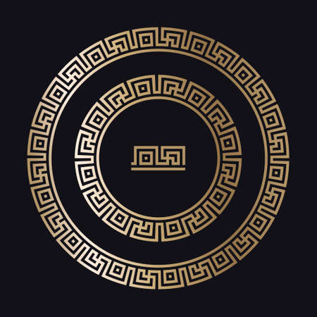 Greek gold frames. Circle meander borders from a repeated motif - Greek fret or key design. Vector illustration on a black background.のイラスト素材