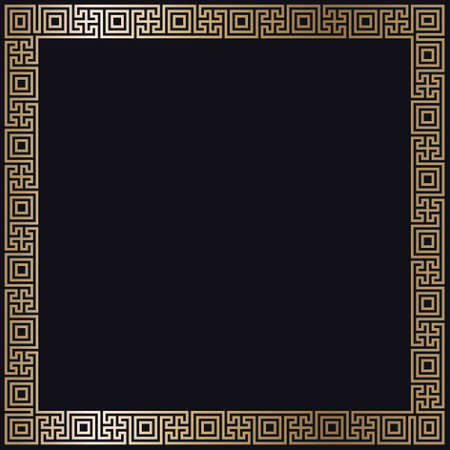 Greek gold frame. Square meander border from a repeated motif - Greek fret or key design. Vector illustration on a black background.のイラスト素材