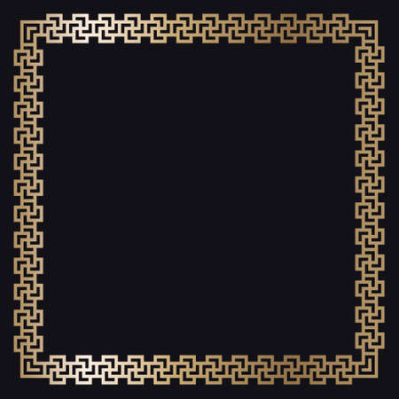 Greek gold frame. Square meander border from a repeated motif - Greek fret or key design. Vector illustration on a black background.のイラスト素材