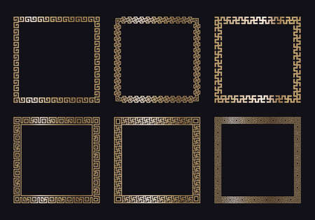 Greek gold frames. Set of square meander borders from a repeated motif - Greek fret or key design. Vector illustration on a black background.のイラスト素材
