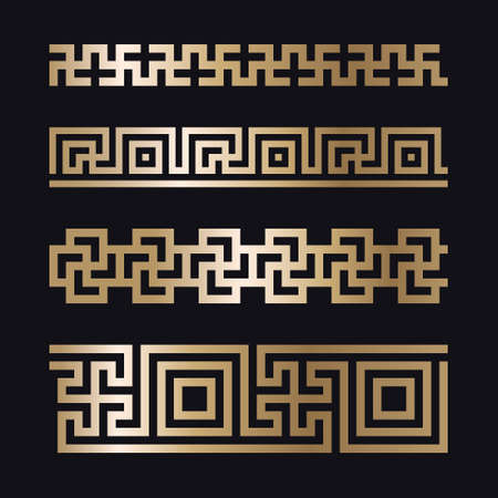 Greek borders, golden seamless meander from a repeated motif - Greek fret or key design. Vector illustration on a black background.のイラスト素材