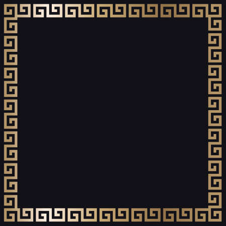 Greek gold frame. Square meander border from a repeated motif - Greek fret or key design. Vector illustration on a black background.のイラスト素材
