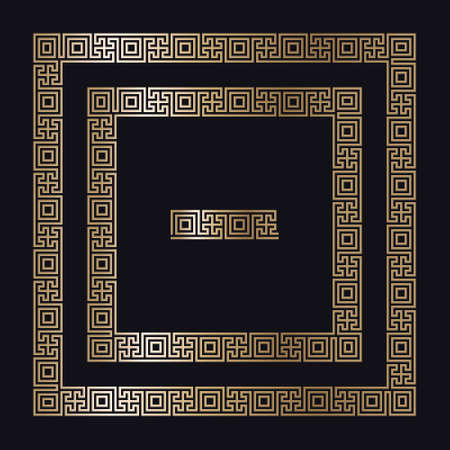 Greek gold frame. Square meander border from a repeated motif - Greek fret or key design. Vector illustration on a black background.のイラスト素材