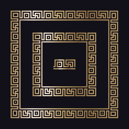 Greek gold frame. Square meander border from a repeated motif - Greek fret or key design. Vector illustration on a black background.のイラスト素材