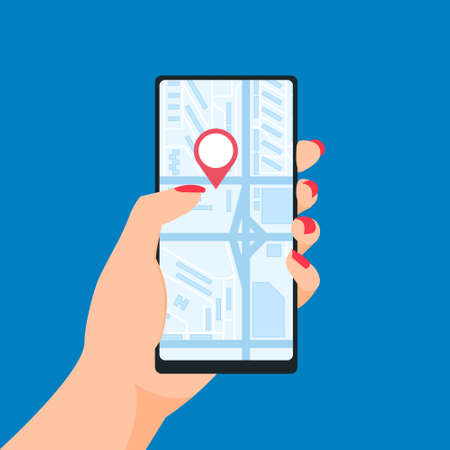 Hand holding smartphone with a geolocation mark on a navigation map. Vector illustration in flat style on a blue background.のイラスト素材